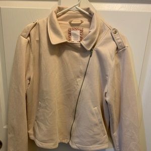 Suede Jacket/silver zipper/silver accent button/top of shoulders/pockets.